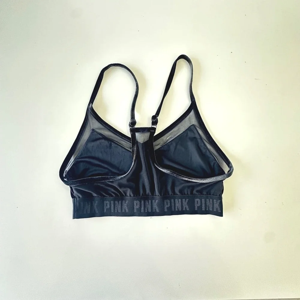 PINK Victoria's Secret Velvet Mesh Sport Bra‎ Medium Black/Green Coquette Flirt